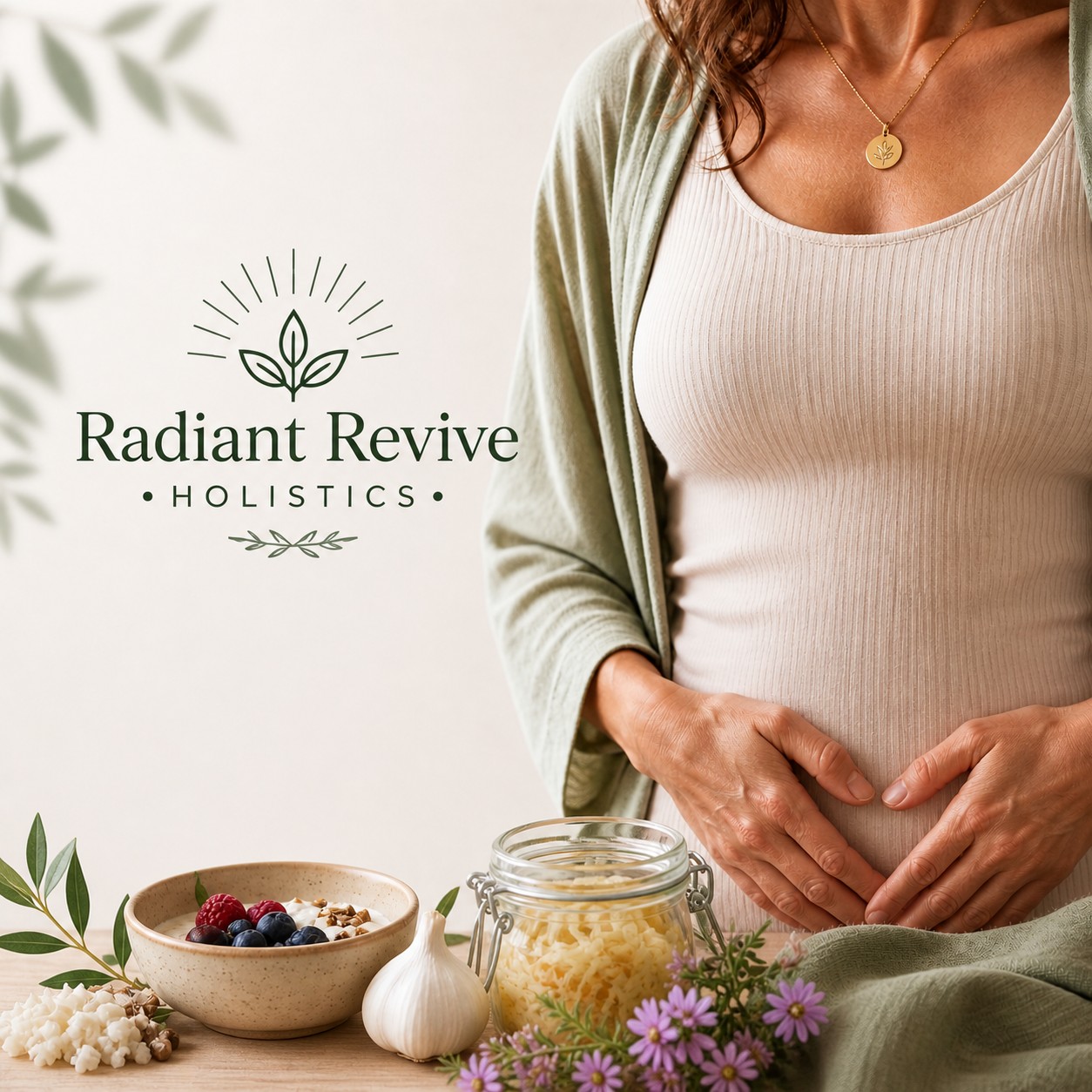 Healthy gut foods including bone broth, fermented foods, and fresh vegetables supporting digestion and menopause wellness